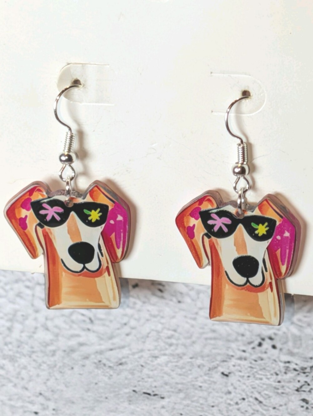 Hand Crafted Pink, Tan & Black Dog Earrings with Sunglasses
